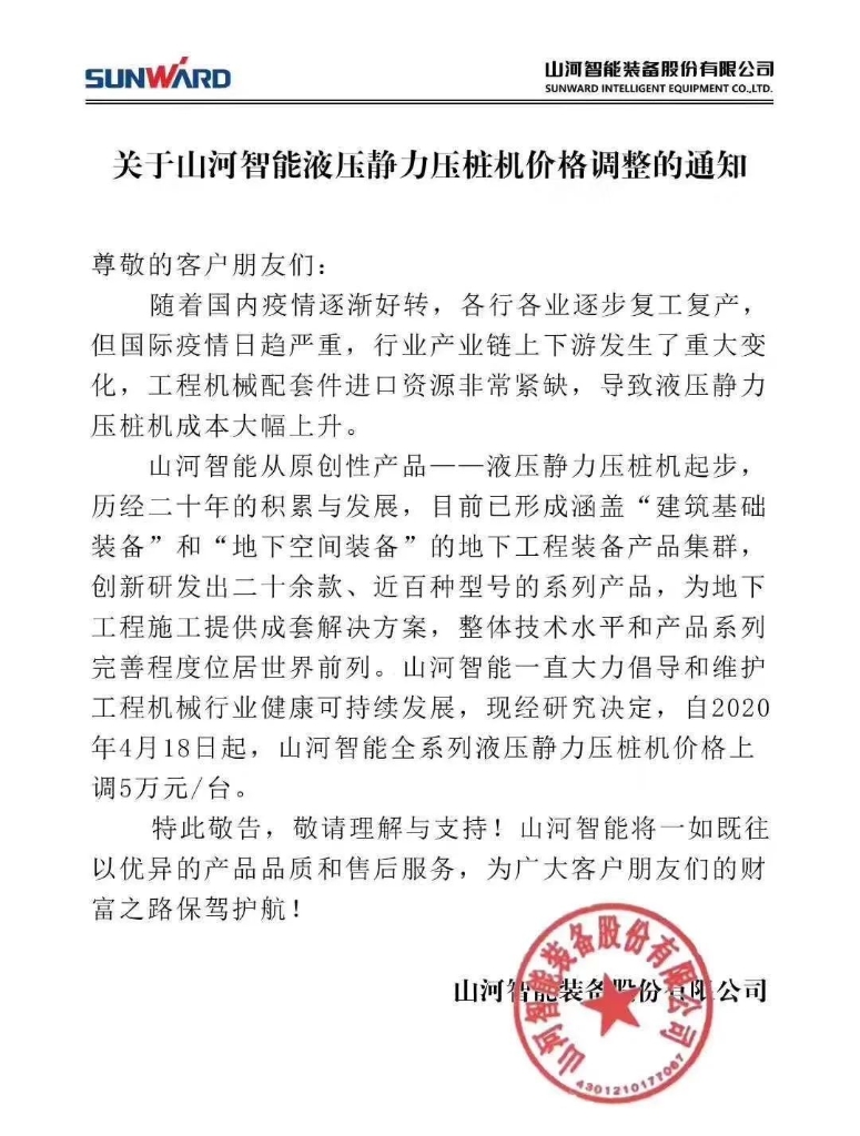 关于beat365官网液压静力压桩机价格调整的通知