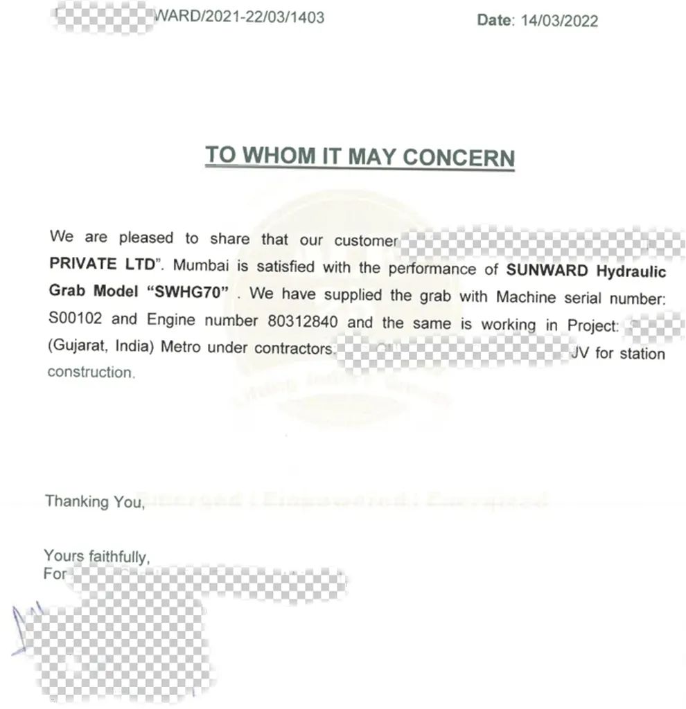 感谢信！beat365官网SWHG70液压抓斗助力海外基础施工获肯定